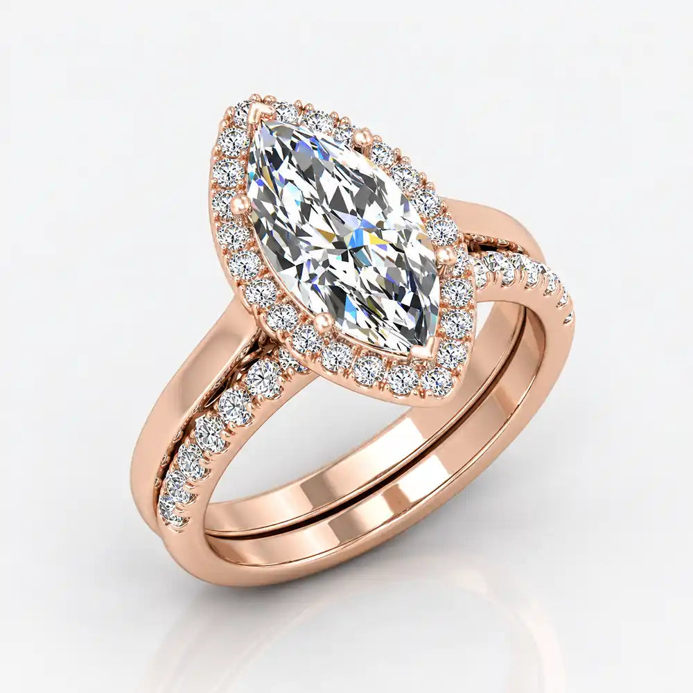 IGI Certified Lab Grown Marquise Diamond Halo Engagement Ring with Matching Band in Gold & Platinum - 1-5ct