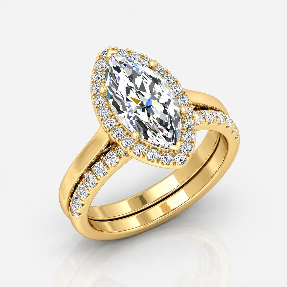 IGI Certified Lab Grown Marquise Diamond Halo Engagement Ring with Matching Band in Gold & Platinum - 1-5ct