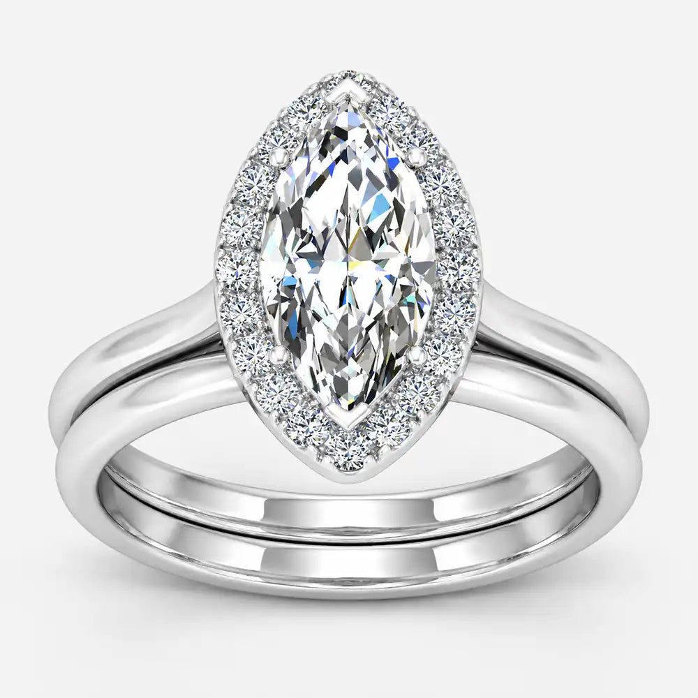 IGI Certified Lab Grown Marquise Diamond Halo Bridal Engagement Ring with Matching Plain Band in Gold & Platinum - 1-5ct
