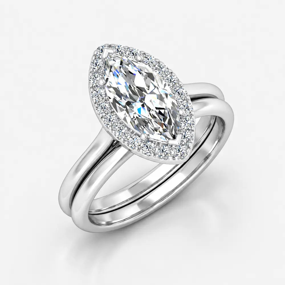 IGI Certified Lab Grown Marquise Diamond Halo Bridal Engagement Ring with Matching Plain Band in Gold & Platinum - 1-5ct