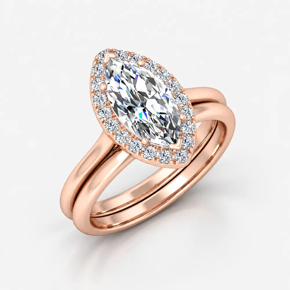 IGI Certified Lab Grown Marquise Diamond Halo Bridal Engagement Ring with Matching Plain Band in Gold & Platinum - 1-5ct
