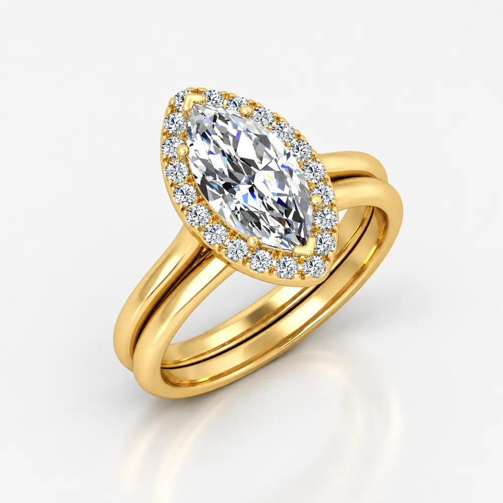 IGI Certified Lab Grown Marquise Diamond Halo Bridal Engagement Ring with Matching Plain Band in Gold & Platinum - 1-5ct