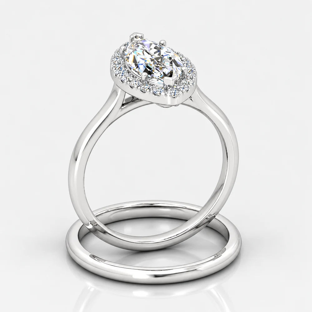 IGI Certified Lab Grown Marquise Diamond Halo Bridal Engagement Ring with Matching Plain Band in Gold & Platinum - 1-5ct