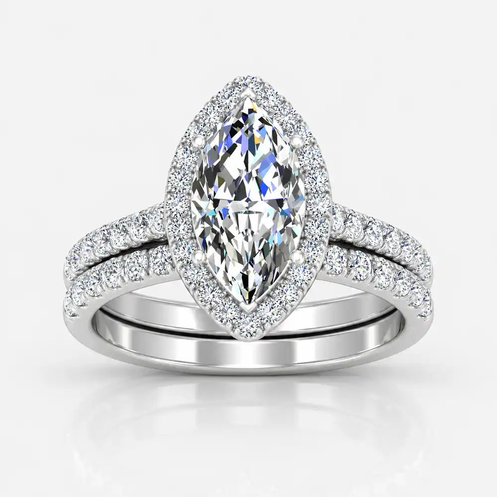 IGI Certified Lab Grown Marquise Diamond Halo Bridal Set Ring with Matching Band in Gold & Platinum - 1-5ct