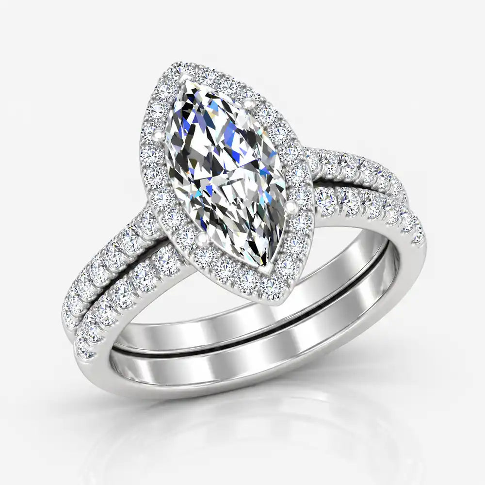 IGI Certified Lab Grown Marquise Diamond Halo Bridal Set Ring with Matching Band in Gold & Platinum - 1-5ct