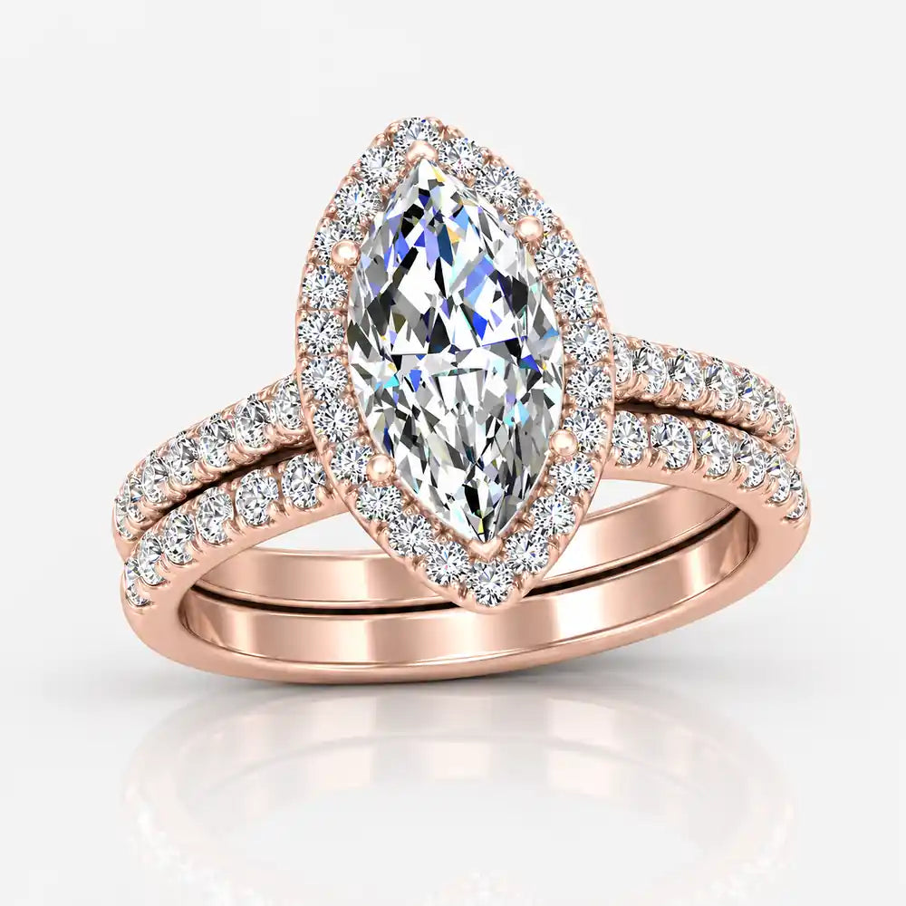 IGI Certified Lab Grown Marquise Diamond Halo Bridal Set Ring with Matching Band in Gold & Platinum - 1-5ct