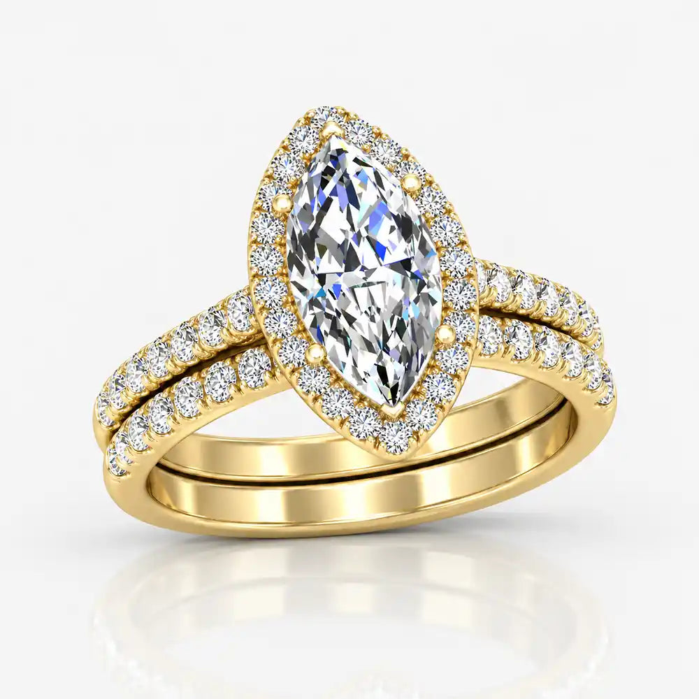 IGI Certified Lab Grown Marquise Diamond Halo Bridal Set Ring with Matching Band in Gold & Platinum - 1-5ct