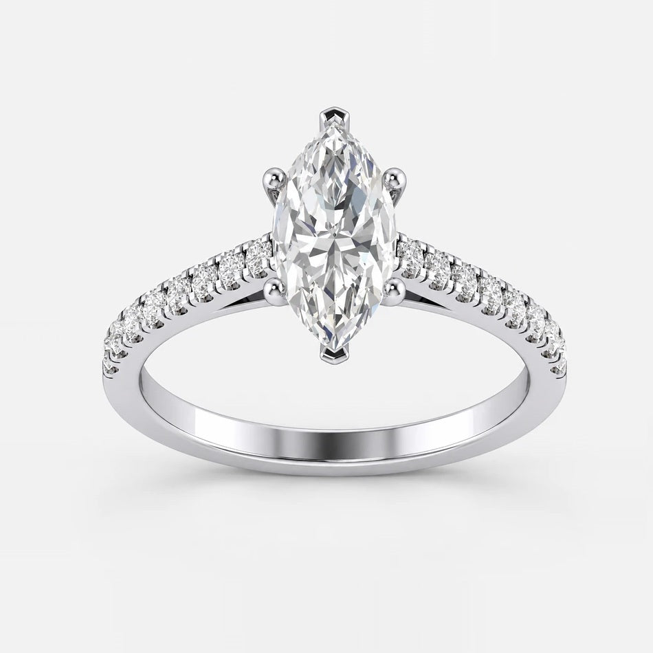 IGI Certified Marquise Cut & Round Side Diamond Pavé Engagement Ring in Platinum & Gold