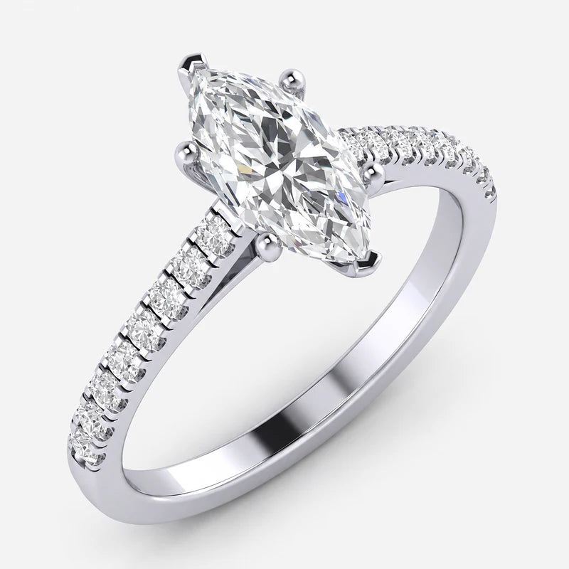 IGI Certified Marquise Cut & Round Side Diamond Pavé Engagement Ring in Platinum & Gold
