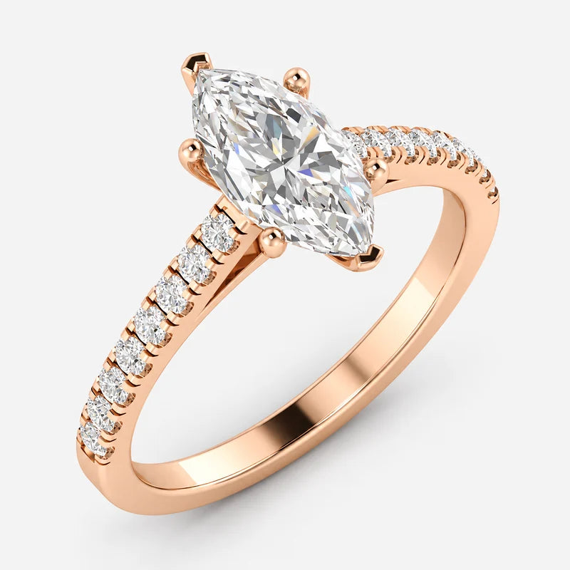 IGI Certified Marquise Cut & Round Side Diamond Pavé Engagement Ring in Platinum & Gold