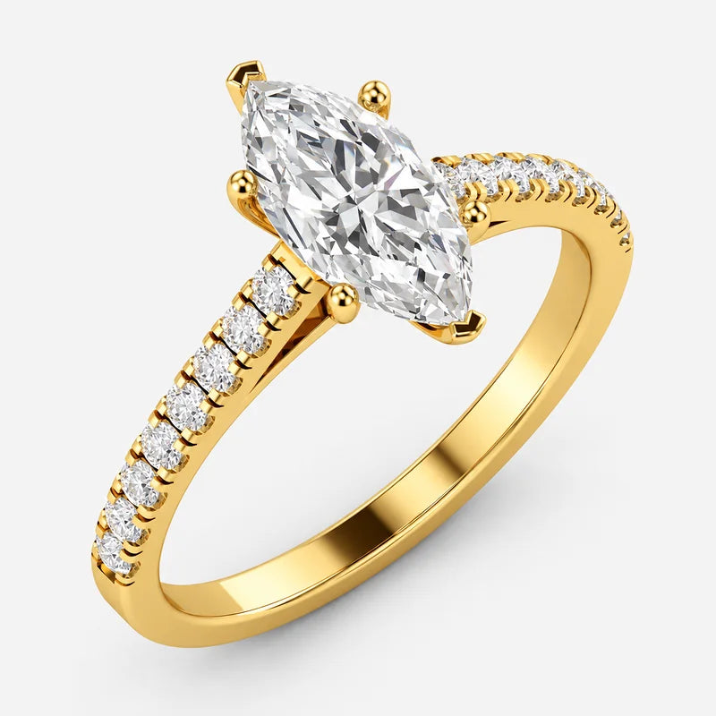 IGI Certified Marquise Cut & Round Side Diamond Pavé Engagement Ring in Platinum & Gold