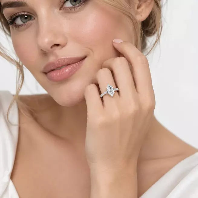 IGI Certified Marquise Cut & Round Side Diamond Pavé Engagement Ring in Platinum & Gold