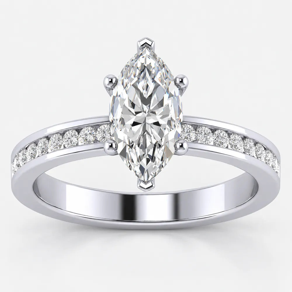 IGI Certified Marquise Cut & Round Side Diamond Channel Engagement Ring in Platinum & Gold - 1–5ct