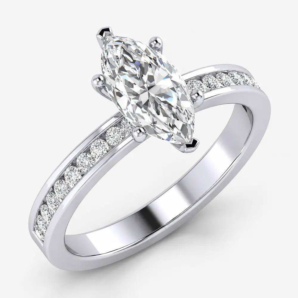 IGI Certified Marquise Cut & Round Side Diamond Channel Engagement Ring in Platinum & Gold - 1–5ct