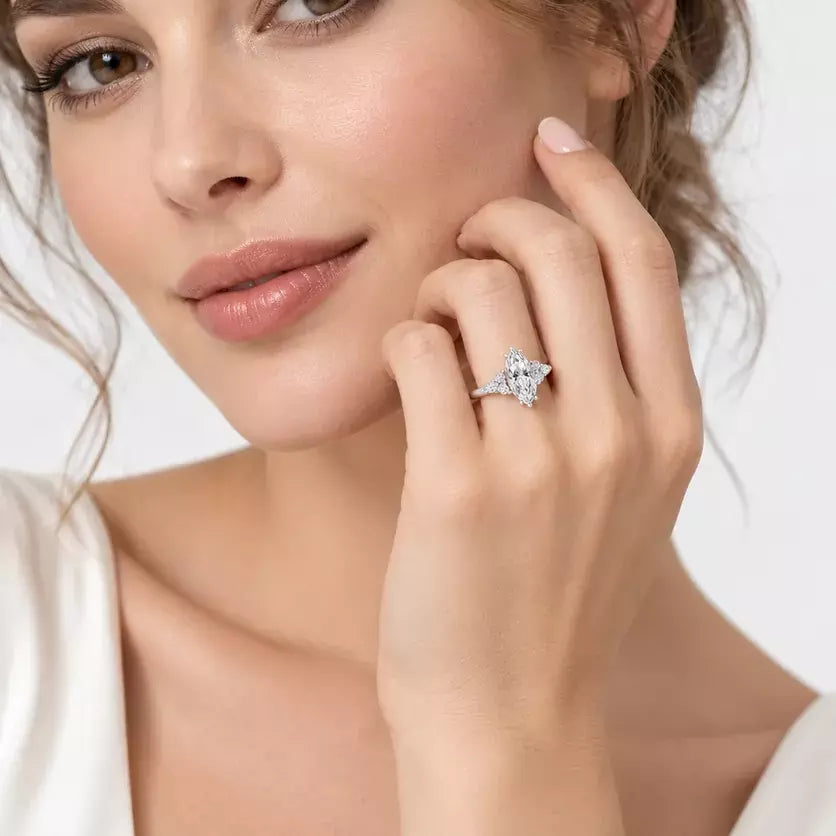 IGI Certified Lab Grown Marquise Cut Diamond Side Stone Engagement Ring in Platinum & Gold - 1-5ct