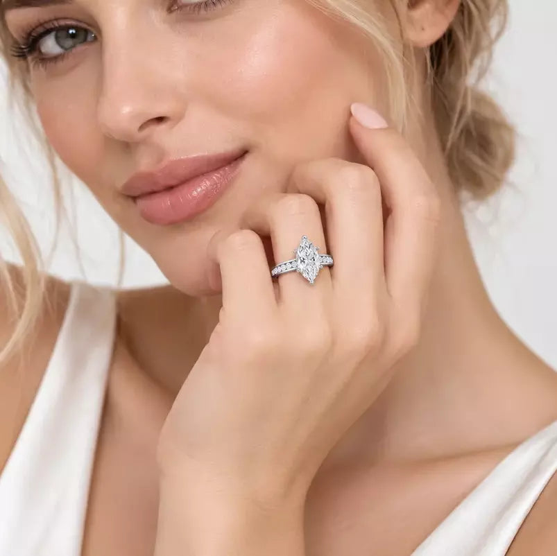 IGI Certified Marquise Cut & Round Side Diamond Channel Engagement Ring in Platinum & Gold - 1–5ct