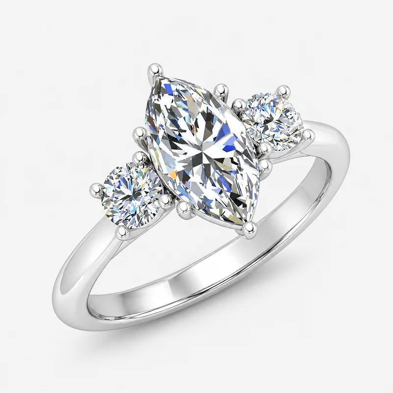 IGI Certified Three Stone Marquise and Round Diamond Trilogy Ring in Platinum & Gold