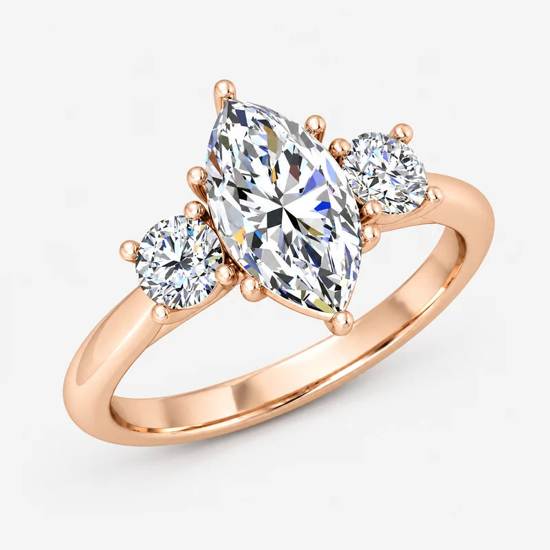 IGI Certified Three Stone Marquise and Round Diamond Trilogy Ring in Platinum & Gold