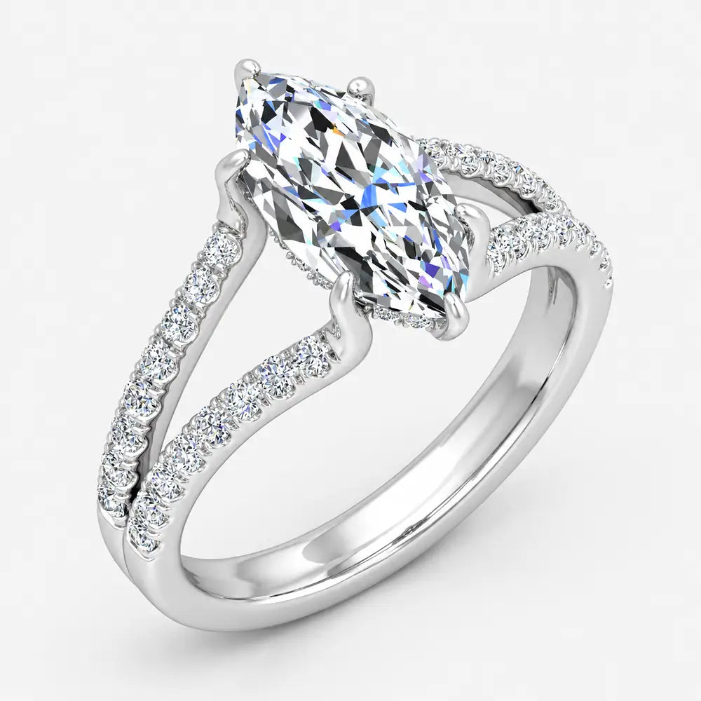 IGI Certified Lab Grown Marquise Diamond Side Split Shank Engagement Ring in Gold & Platinum - 1-5ct