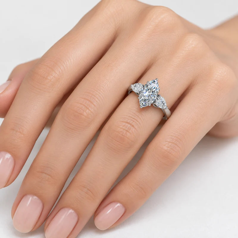 IGI Certified Three Stone Marquise and Pear Diamond Trilogy Ring in Platinum & Gold
