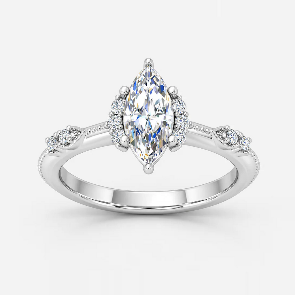 IGI Certified Milgrain Marquise Cut & Side Round Diamond Claw Engagement Ring in Platinum & Gold - 1-5ct