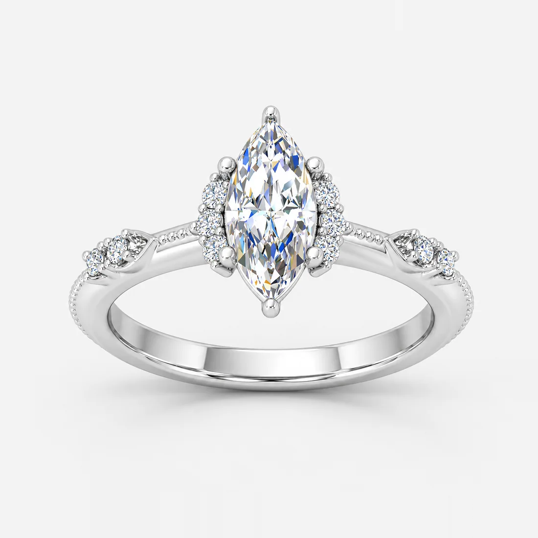 IGI Certified Milgrain Marquise Cut & Side Round Diamond Claw Engagement Ring in Platinum & Gold - 1-5ct