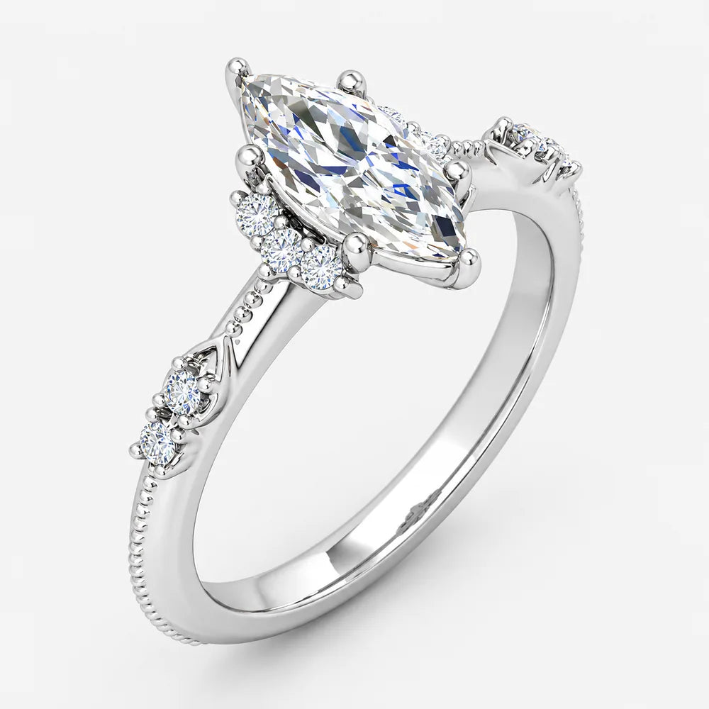 IGI Certified Milgrain Marquise Cut & Side Round Diamond Claw Engagement Ring in Platinum & Gold - 1-5ct