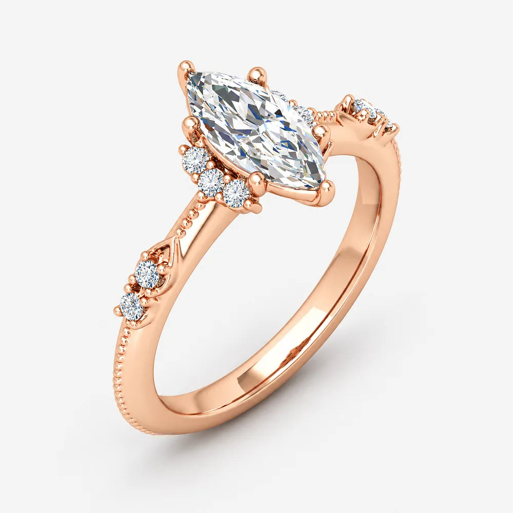 IGI Certified Milgrain Marquise Cut & Side Round Diamond Claw Engagement Ring in Platinum & Gold - 1-5ct