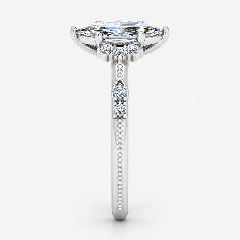 IGI Certified Milgrain Marquise Cut & Side Round Diamond Claw Engagement Ring in Platinum & Gold - 1-5ct