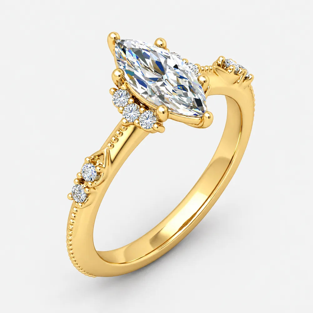 IGI Certified Milgrain Marquise Cut & Side Round Diamond Claw Engagement Ring in Platinum & Gold - 1-5ct