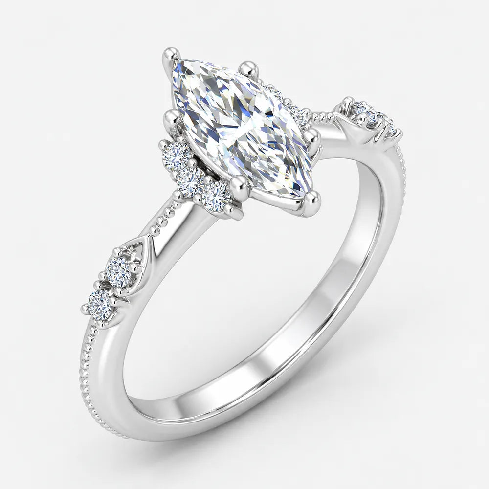 IGI Certified Milgrain Marquise Cut & Side Round Diamond Claw Engagement Ring in Platinum & Gold - 1-5ct