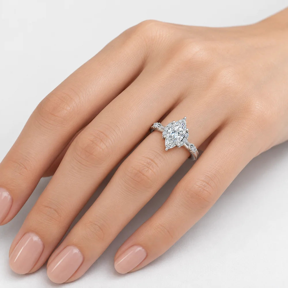 IGI Certified Milgrain Marquise Cut & Side Round Diamond Claw Engagement Ring in Platinum & Gold - 1-5ct