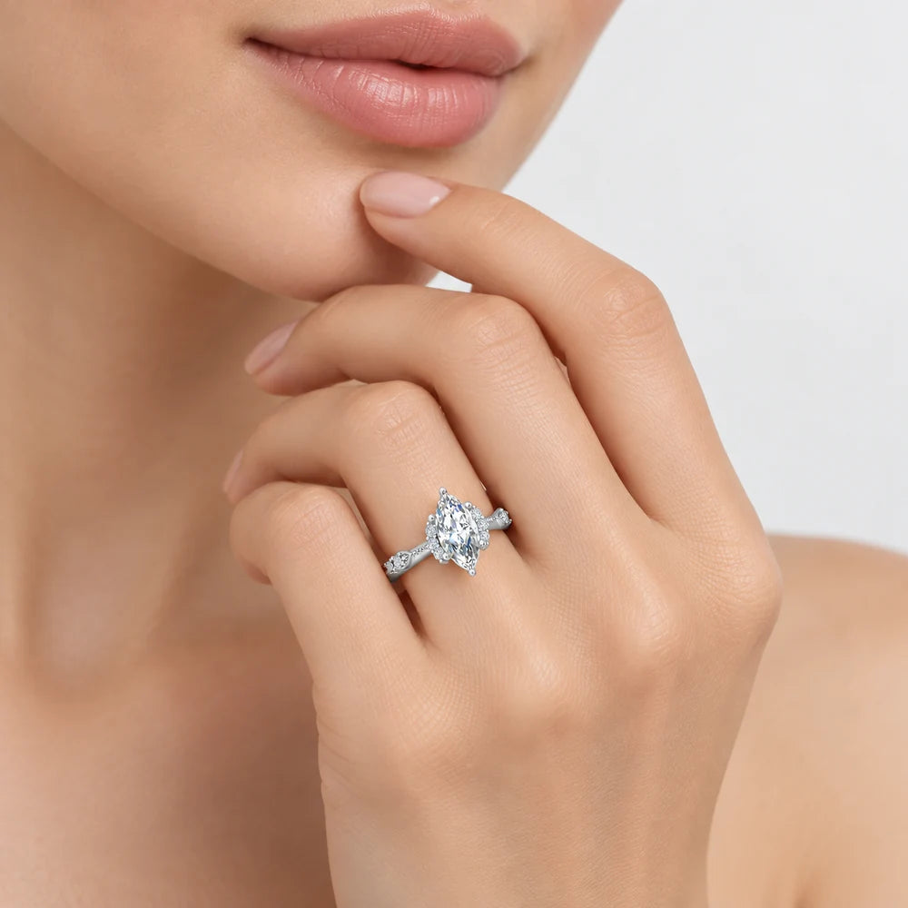 IGI Certified Milgrain Marquise Cut & Side Round Diamond Claw Engagement Ring in Platinum & Gold - 1-5ct