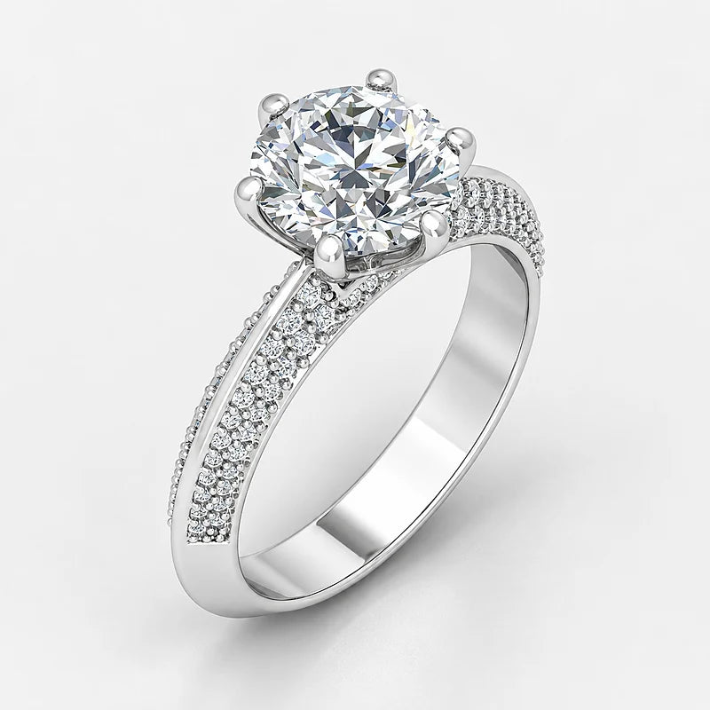 IGI Certified Lab Grown Round Brilliant Cut Diamond Solitaire Engagement Ring with Multi-Row Pavé Band in Gold & Platinum - 1-5ct