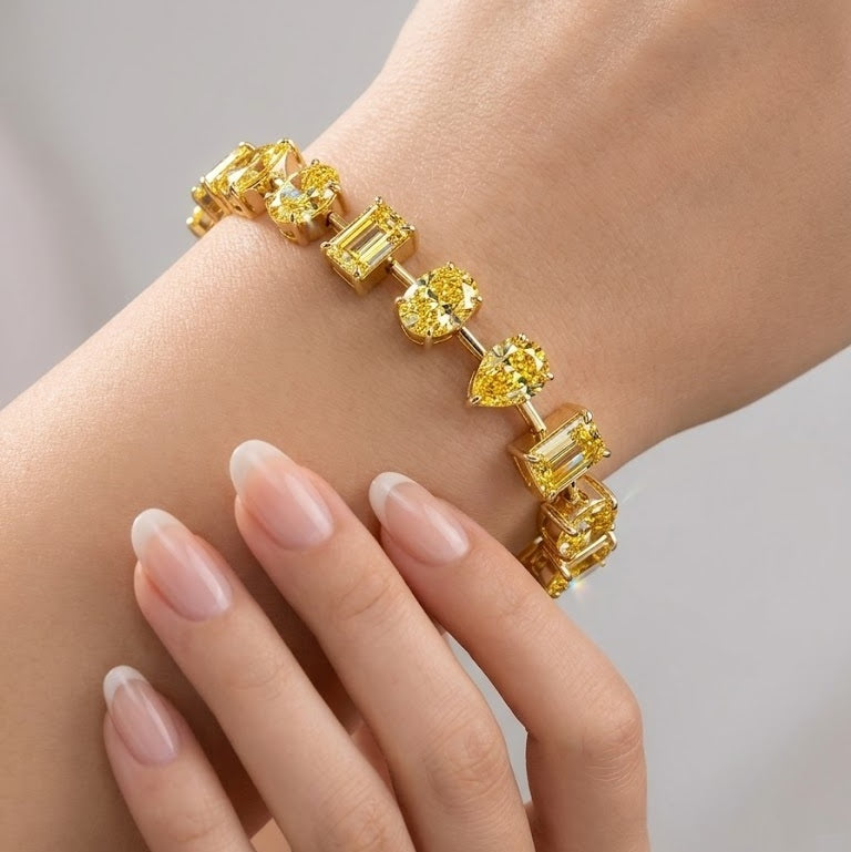 12.04Ct, Multi Shape Fancy Vivid Yellow Diamond Tennis Bracelet In 18K Yellow Gold - 15Grams