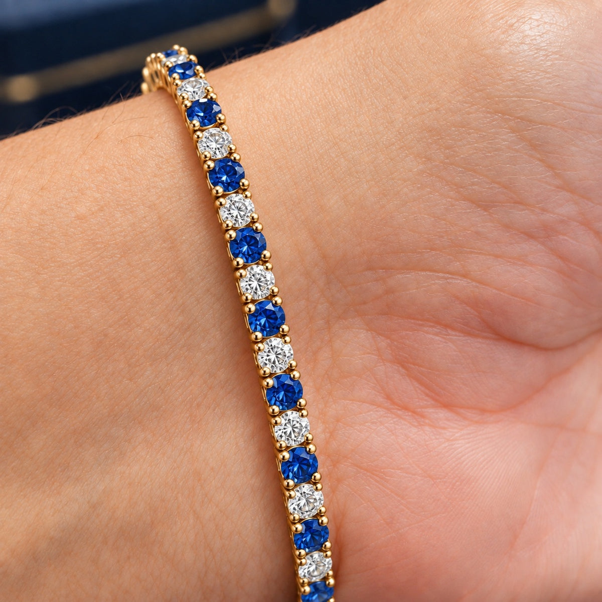 6.00ct Round Sapphire & Diamond Tennis Bracelet On Wrist - Gold