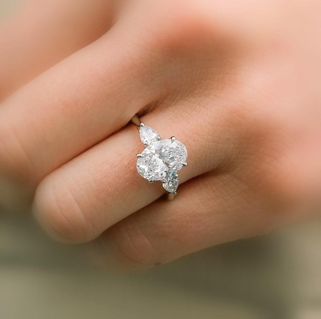 IGI Lab Grown Oval & Pear Shape Diamond Trilogy Ring In Platinum
