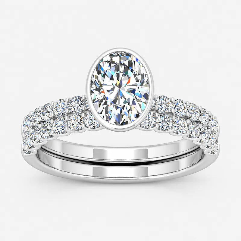 IGI Certified Oval Cut Solitaire Engagement Ring with a Matching Pavé Wedding Bezel Bridal Set in Platinum & Gold