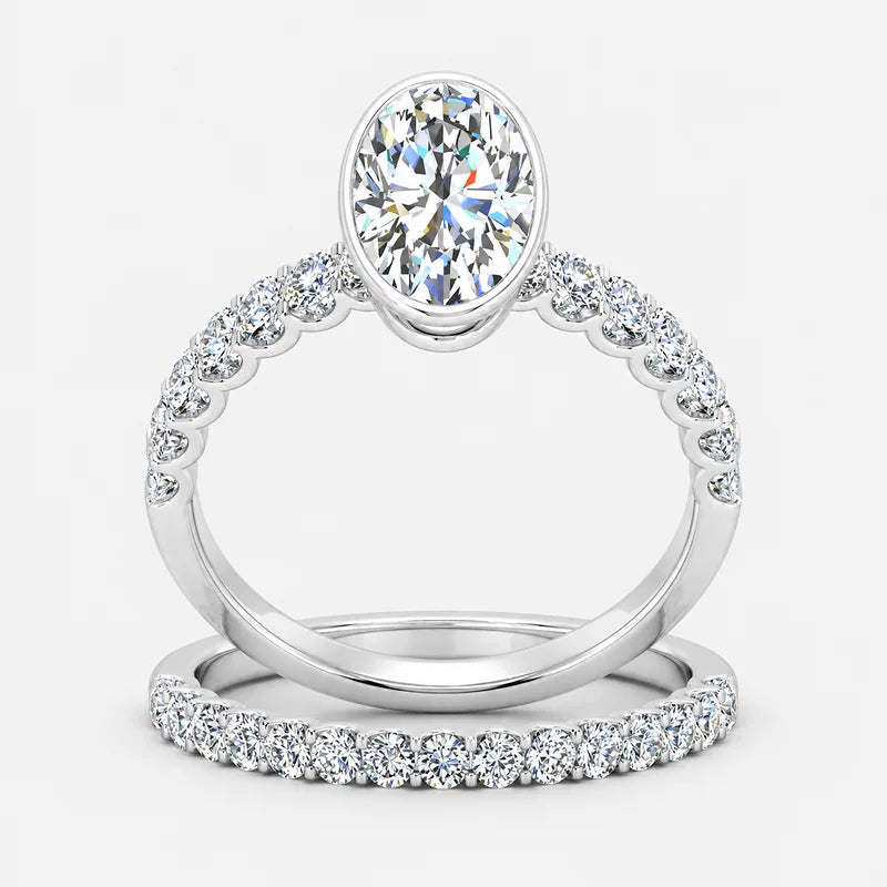IGI Certified Oval Cut Solitaire Engagement Ring with a Matching Pavé Wedding Bezel Bridal Set in Platinum & Gold