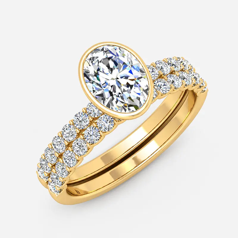 IGI Certified Oval Cut Solitaire Engagement Ring with a Matching Pavé Wedding Bezel Bridal Set in Platinum & Gold