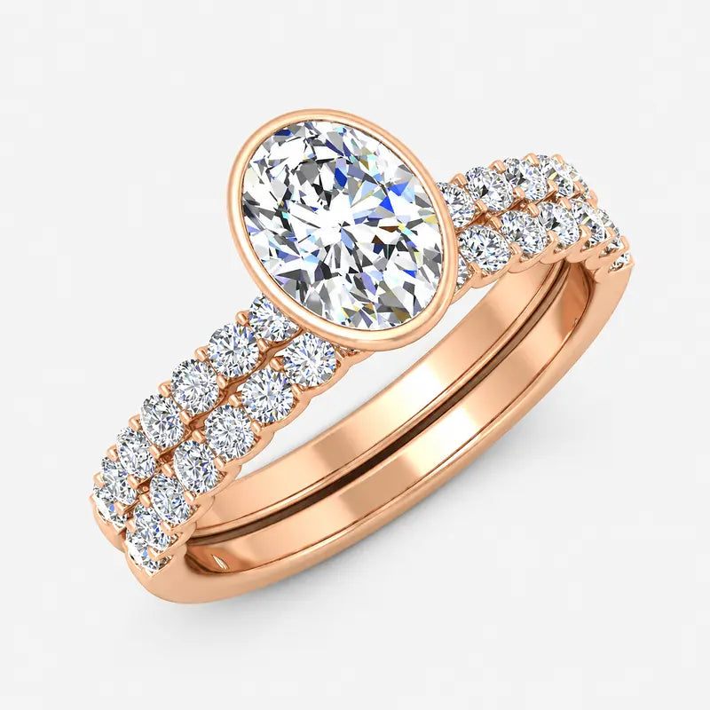 IGI Certified Oval Cut Solitaire Engagement Ring with a Matching Pavé Wedding Bezel Bridal Set in Platinum & Gold