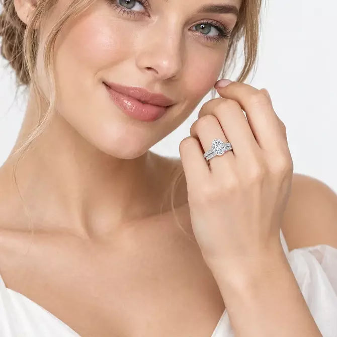IGI Certified Oval Cut Solitaire Engagement Ring with a Matching Pavé Wedding Bezel Bridal Set in Platinum & Gold