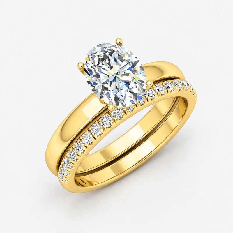 Oval Cut Solitaire Engagement Ring with a Matching Pavé Wedding Band Bridal Set in Platinum & Gold