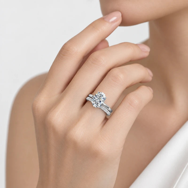 Oval Cut Solitaire Engagement Ring with a Matching Pavé Wedding Band Bridal Set in Platinum & Gold