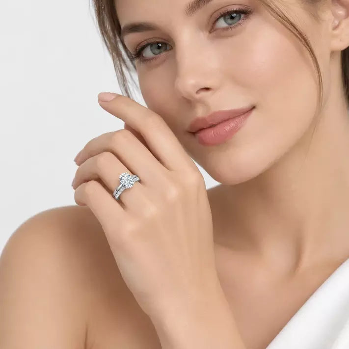 Oval Cut Solitaire Engagement Ring with a Matching Pavé Wedding Band Bridal Set in Platinum & Gold