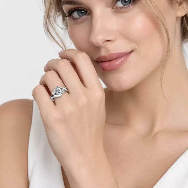 IGI Certified Oval-Cut & Round Diamond Claw and Bezel Set Engagement Ring in Platinum & Gold