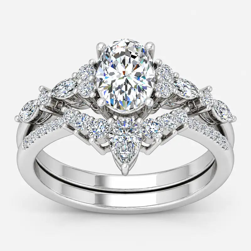 IGI Certified Oval Cut & Marquise Diamond Engagement Ring with Matching Pavé Designer Wedding Band in Platinum & Gold