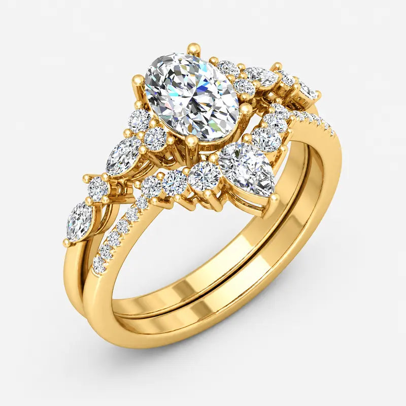 IGI Certified Oval Cut & Marquise Diamond Engagement Ring with Matching Pavé Designer Wedding Band in Platinum & Gold