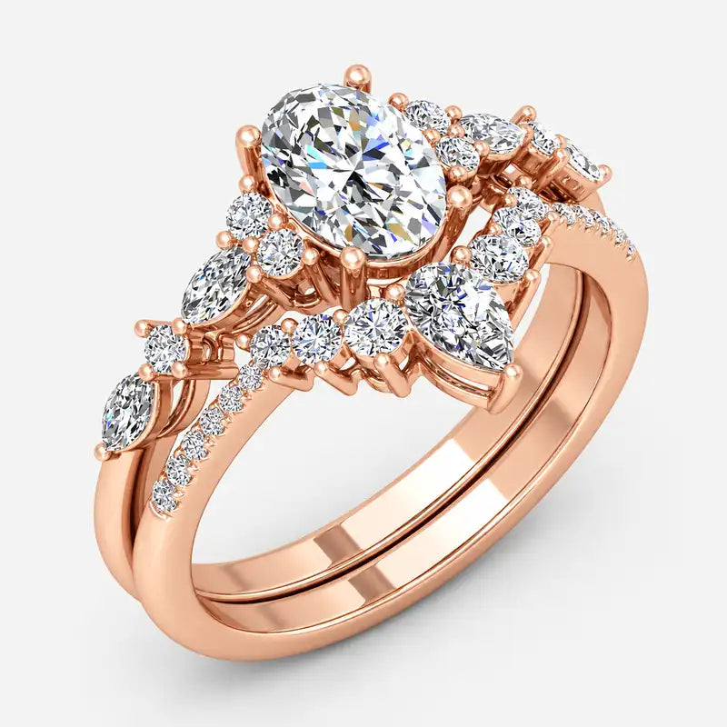 IGI Certified Oval Cut & Marquise Diamond Engagement Ring with Matching Pavé Designer Wedding Band in Platinum & Gold