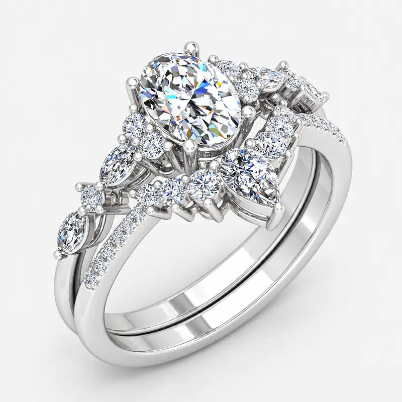 IGI Certified Oval Cut & Marquise Diamond Engagement Ring with Matching Pavé Designer Wedding Band in Platinum & Gold